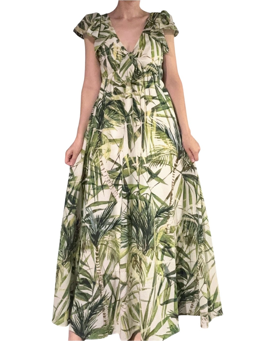 Taylor | Palm Tree Print Flutter Sleeve Knot Front Maxi Dress
